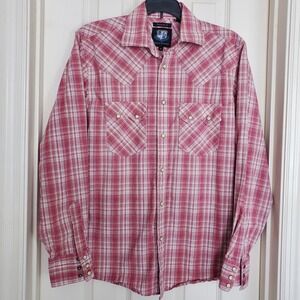Resistol University Mens Small Red Plaid Western Pearl Snap Cotton Shirt S